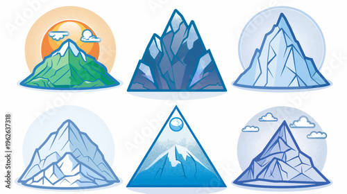 Six mountain icons with distinct styles & pastel color schemes, arranged in a grid