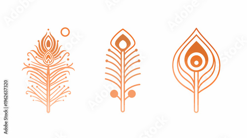 Three stylized orange peacock feather designs, minimalist and ornate, on white background