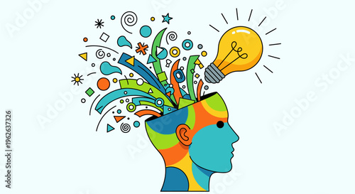 A creative person with a lightbulb and colorful abstract shapes coming out of their head in a thought-provoking scene