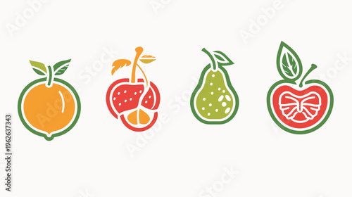 Four fruit icons orange, cut cherry, green pear, and half apple outlined in green