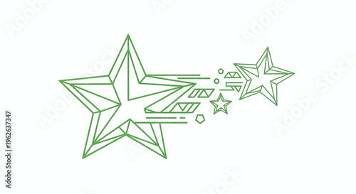 Green star shapes with lines and small circles flying outward in space