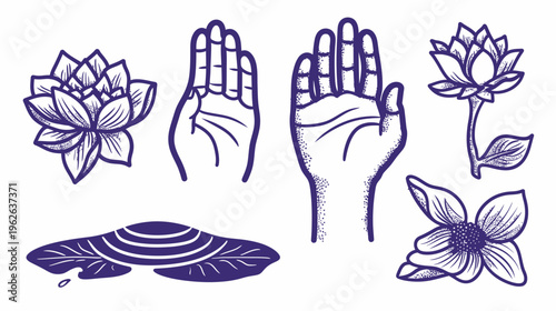 Stylized, indigo floral and hand illustrations on a white background, evoking peace and harmony