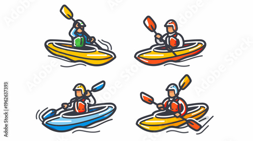 Four stylized kayakers paddling in colorful kayaks on a white background