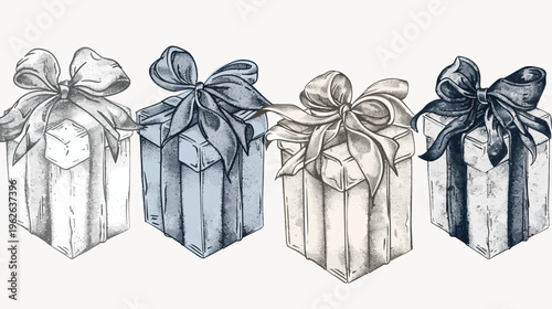 Hand-drawn style illustration of four gift boxes with bows, varying shades of grey and blue