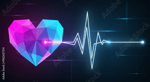 A futuristic illustration of a glowing heart with an electrocardiogram line