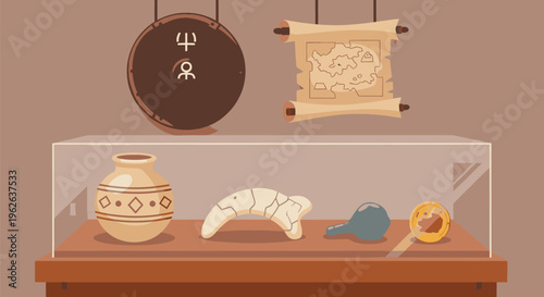 Ancient artifacts displayed on a wooden table in a museum exhibit case with a scroll and shield.