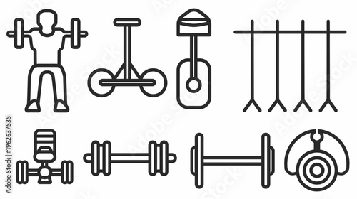 Line art depicting various gym equipment, including weights, bench, pull-up bar, and leg press