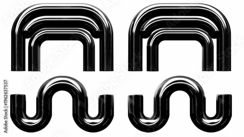 Four black glossy abstract shapes, two stacked arches and two wave-like forms, isolated on white