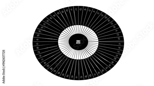 Circular radial design with white lines radiating from a central text on a black background