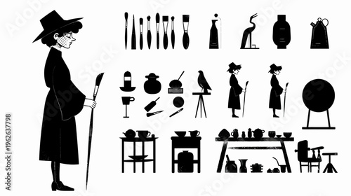 Black and white silhouettes of a person and various objects, artful ink illustration