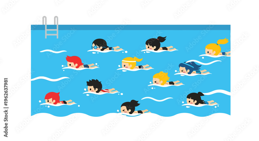 Naklejka premium Swimming pool with swimmers, vector illustration, flat design, for summer activities