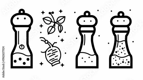 Black and white outline of three seasonings and a plant with dots on a white backdrop