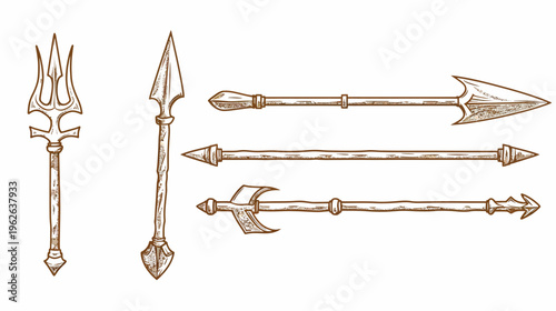 Artistic depiction of weapons, including trident, spear, and different arrowheads on a white background