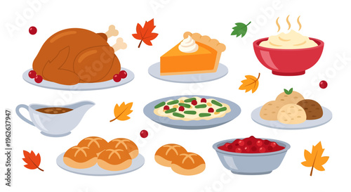 Thanksgiving Feast Image, Vector Illustration, Holiday Season, Food and Drink Concept