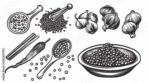 Black and white sketch of spices, ingredients, and measuring tools on a white backdrop