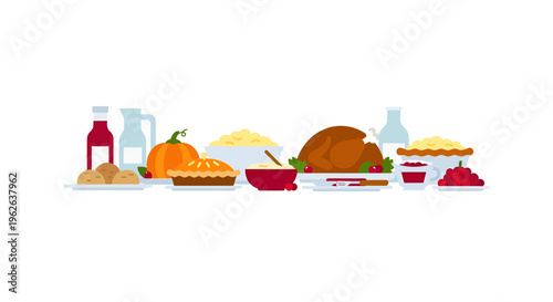 Thanksgiving Feast Vector Illustration, Flat Design for Holiday Season, Food and Celebration