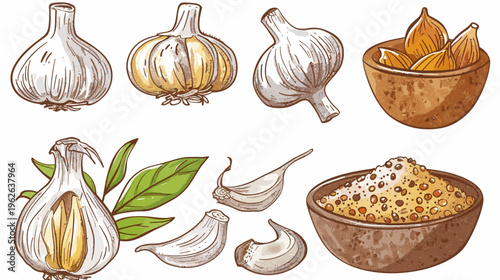 Cartoon-style drawing of assorted garlic bulbs, cloves, and bowl of seeds on white