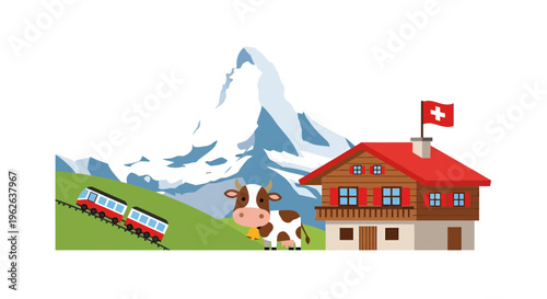 Swiss Alps Illustration, Vector Style Graphic, Travel and Tourism, Mountain Scenery