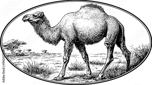 Black and white line art of a camel in its desert habitat, within an oval frame