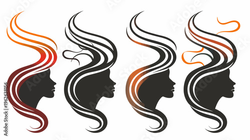 Silhouette collection of women's profiles, each with flowing stylized hair, with color variation