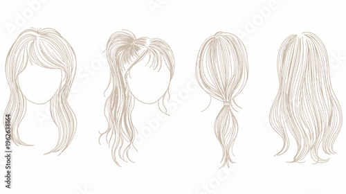 Four stylized illustrations depicting different women's hairstyles in a simplistic, neutral palette