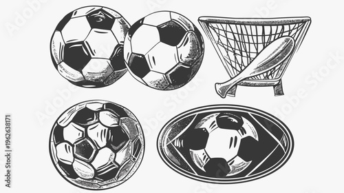 Monochrome sketch of soccer elements balls, net, bat, in a retro, vintage style