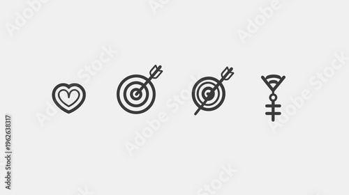 Minimalist line art of love, accuracy, and achievement icons on white