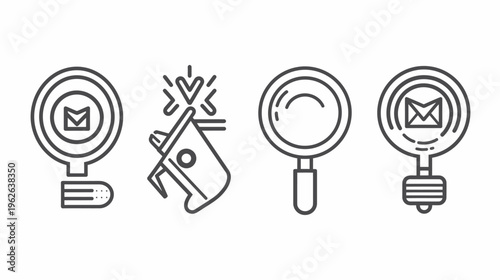 Four black and white line art icons depicting various concepts like email and magnifying glass