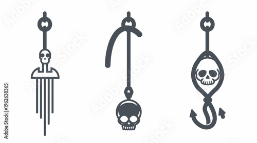 Three graphic illustrations featuring skull designs combined with hooks. One resembles a fishing lure