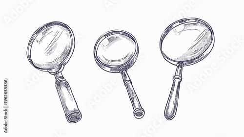 Hand-drawn illustrations of three magnifying glasses on a white background, in a sketch style