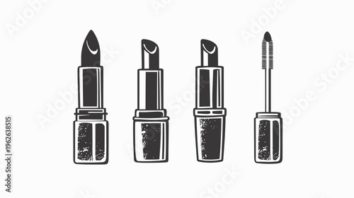 Stylized, grayscale vector illustration of lipsticks and mascara wand on a white background