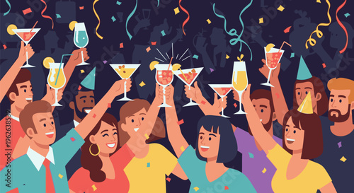 People celebrate with cocktails at a vibrant party with confetti