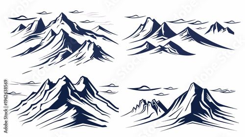 Four stylized drawings of mountains with implied clouds, in navy on a white background
