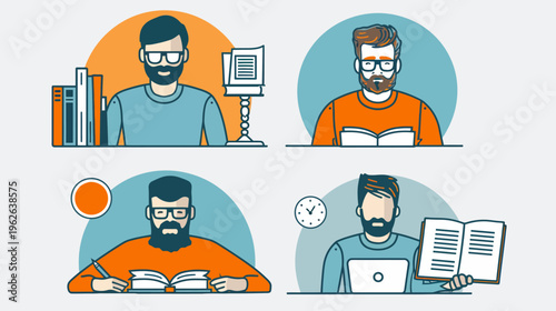 Four cartoon men with beards, glasses, and books, each in a different reading setting
