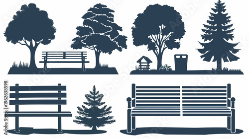 Silhouettes of benches, trees, a gazebo, and a trash can, depicting a park scene