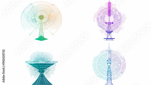 Four colorful digital art illustrations of communication towers and satellite dishes, set against a white backdrop