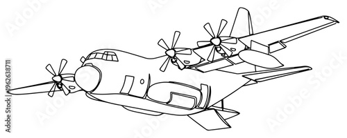 Military Transport Plane Propeller Aircraft Sketch Continuous Line Art for Aviation and Travel