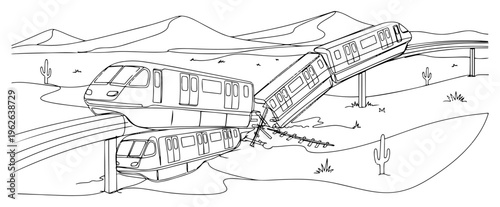 Modern Train Crash and Collision in Desert Landscape Railway Accident and Transportation Disaster Sketch