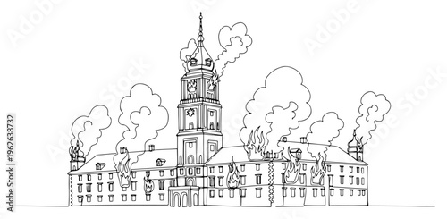 Historic Building Palace on Fire with Smoke Clouds Burning Castle Disaster and Emergency Concept Sketch