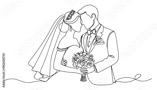 Wedding Couple Bride and Groom Continuous One Line Drawing Minimalist Romantic Marriage Celebration