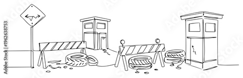Border Checkpoint with Barriers and Guard Booths Continuous One Line Drawing Security and Control Concept