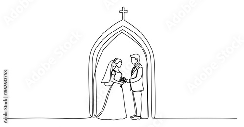 Bride and Groom Wedding Couple under Church Arch Continuous One Line Drawing Romantic Marriage Art