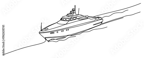 Luxury Yacht Cruising on Sea Continuous One Line Drawing Minimalist Motorboat and Travel Art