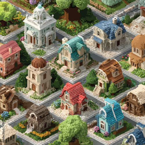 Storybook Style Isometric Village Scene