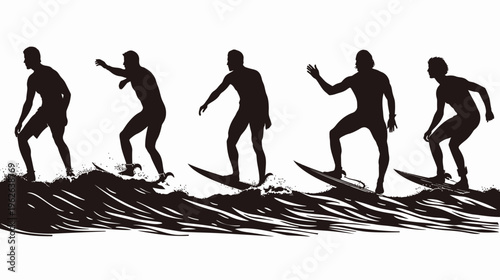 Surfers ride black waves in silhouette. Coastal scene with action and energy on ocean