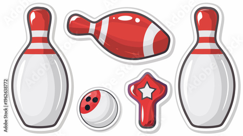 Cartoon illustration of bowling pins, a bowling ball, and other game elements