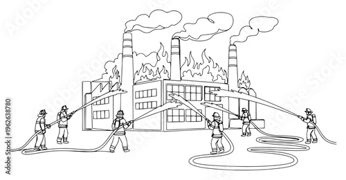 Firefighters Extinguishing Factory Fire Continuous One Line Drawing Industrial Emergency and Rescue