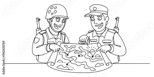 Soldiers Planning Mission with Map Continuous One Line Drawing Military Strategy and Teamwork Concept