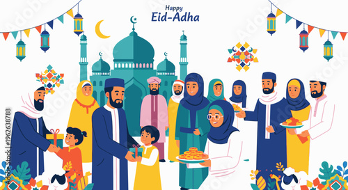 A joyful Eid-Al-Adha celebration with diverse people gathered around food in front of a mosque decorated with lanterns and flags at night