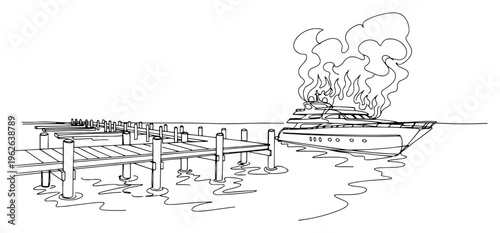 Burning Luxury Yacht at Pier Continuous One Line Drawing Yacht Fire Accident and Disaster Concept